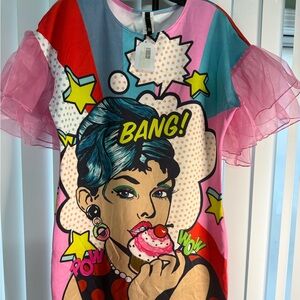 Girls' Pink Pop Art Graphic Dress with Ruffle Sleeves